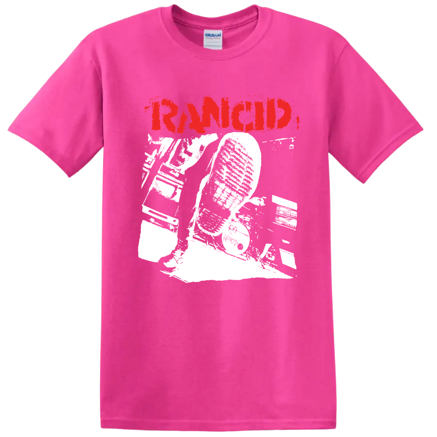 Rancid distressed red logo with bold monochrome punk rock artwork on a Safety Pink T Shirt