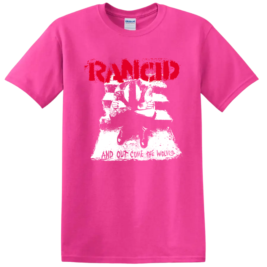 Rancid punk rock graphic with distressed red lettering and white illustration on a Safety Pink T Shirt