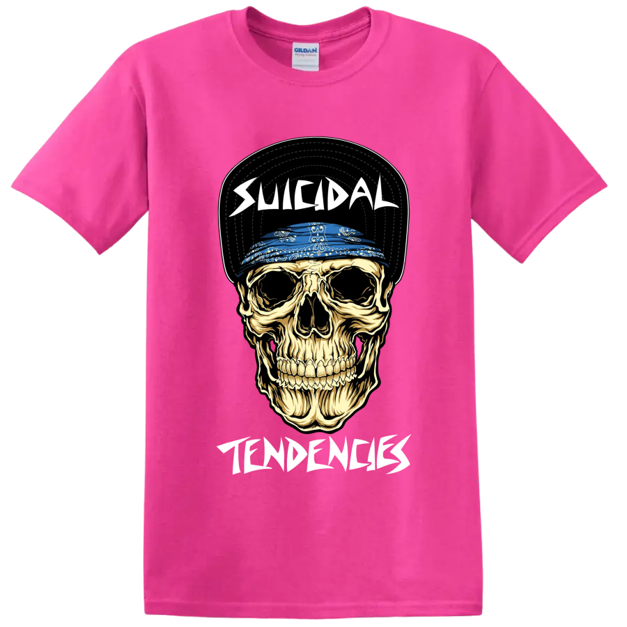 Suicidal Tendencies skull graphic with blue bandana and bold lettering on a Safety Pink T Shirt