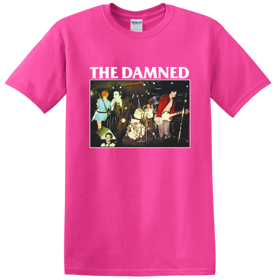 The Damned vintage punk rock live concert graphic with band lettering on a Safety Pink T Shirt