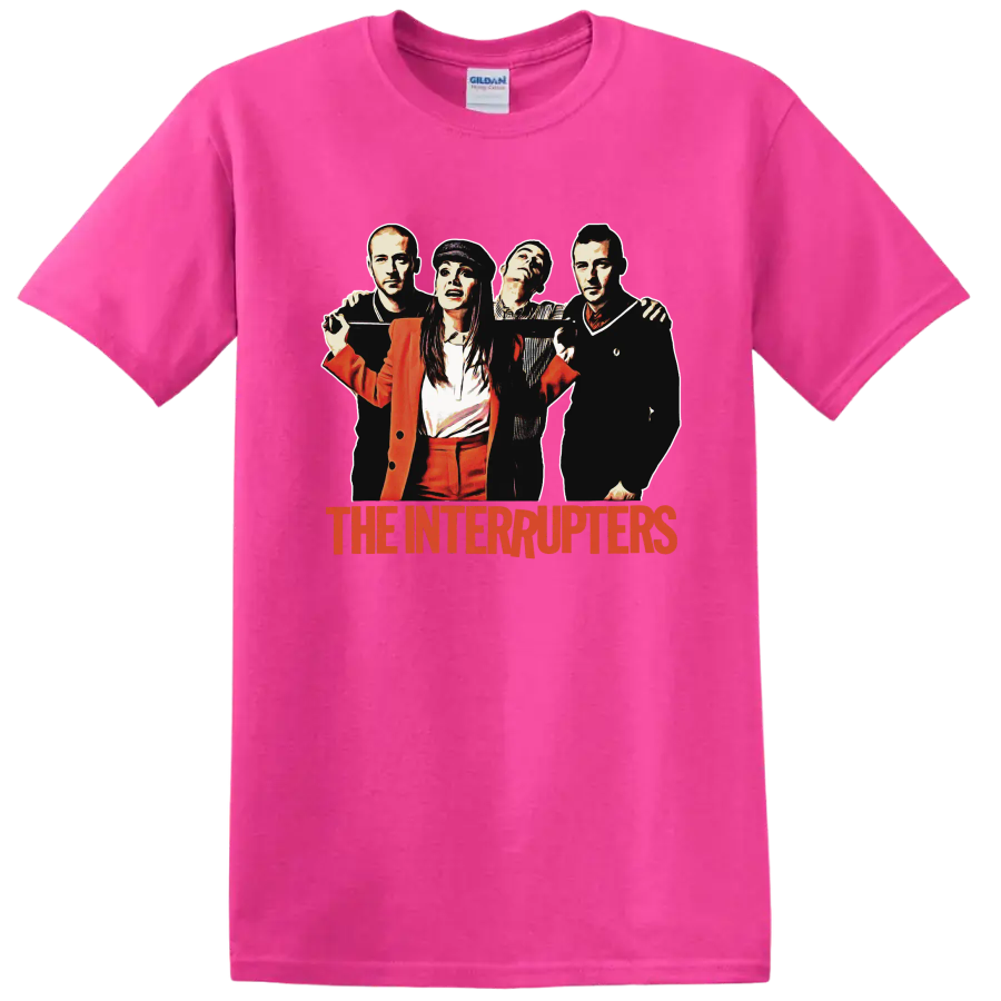 The Interrupters punk rock band portrait with red band name graphic on a Safety Pink T Shirt