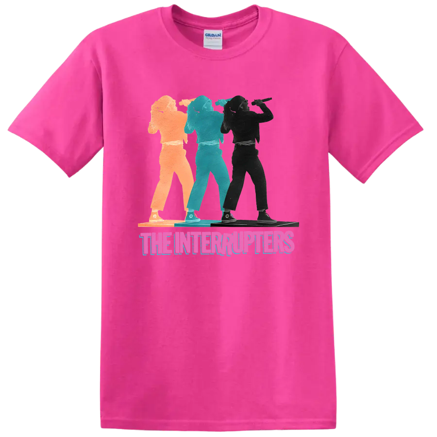 The Interrupters punk rock band graphic with three distressed performer silhouettes on a Safety Pink T Shirt