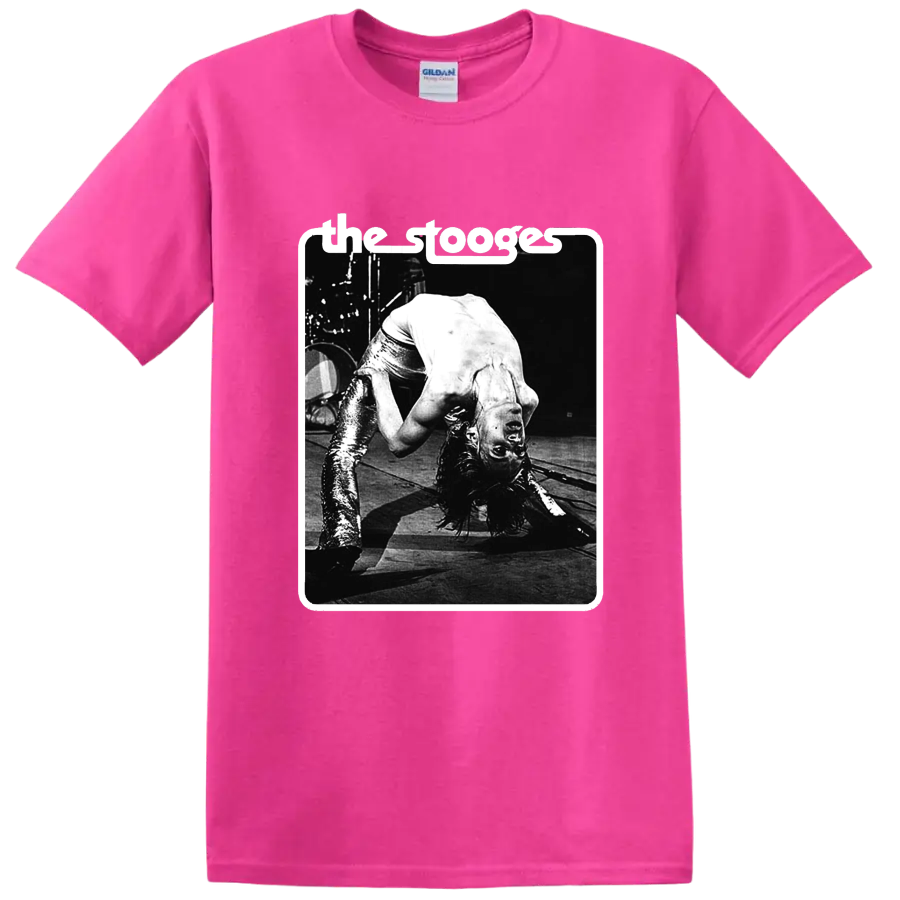 The Stooges black-and-white punk rock live performance graphic on a Safety Pink T Shirt