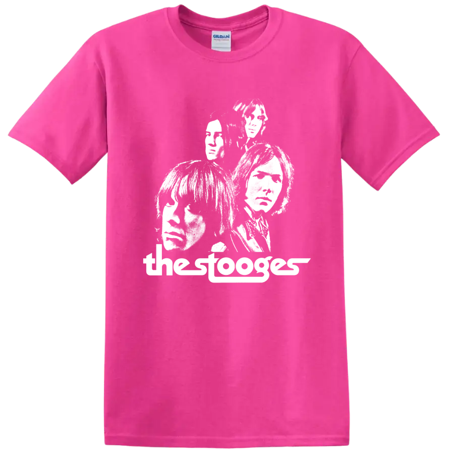 The Stooges high-contrast punk rock band portrait graphic on a Safety Pink T Shirt