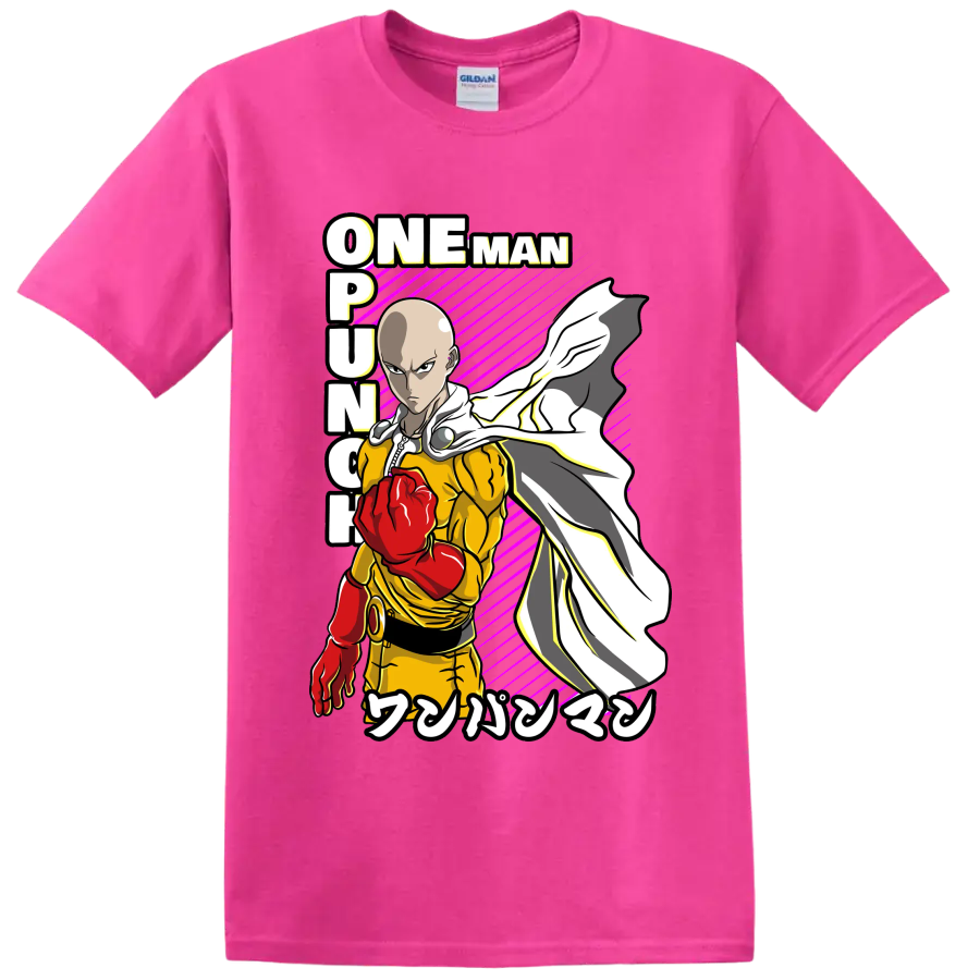 Saitama One-Punch Man action graphic with red glove, flowing cape, and magenta stripes on a Safety Pink T Shirt