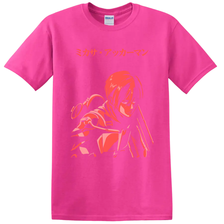 Mikasa Ackerman Attack on Titan red and pink anime action graphic with Japanese text on a Safety Pink T Shirt