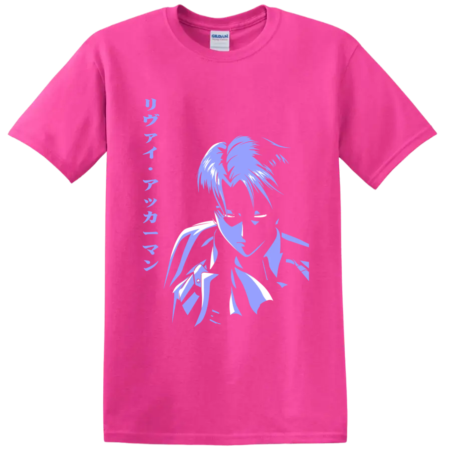 Levi Ackerman lavender and white manga-style portrait graphic from Attack on Titan on a Safety Pink T Shirt