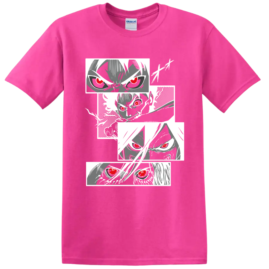 Eren Yeager Attack on Titan manga portrait collage with intense red-eyed faces on a Safety Pink T Shirt