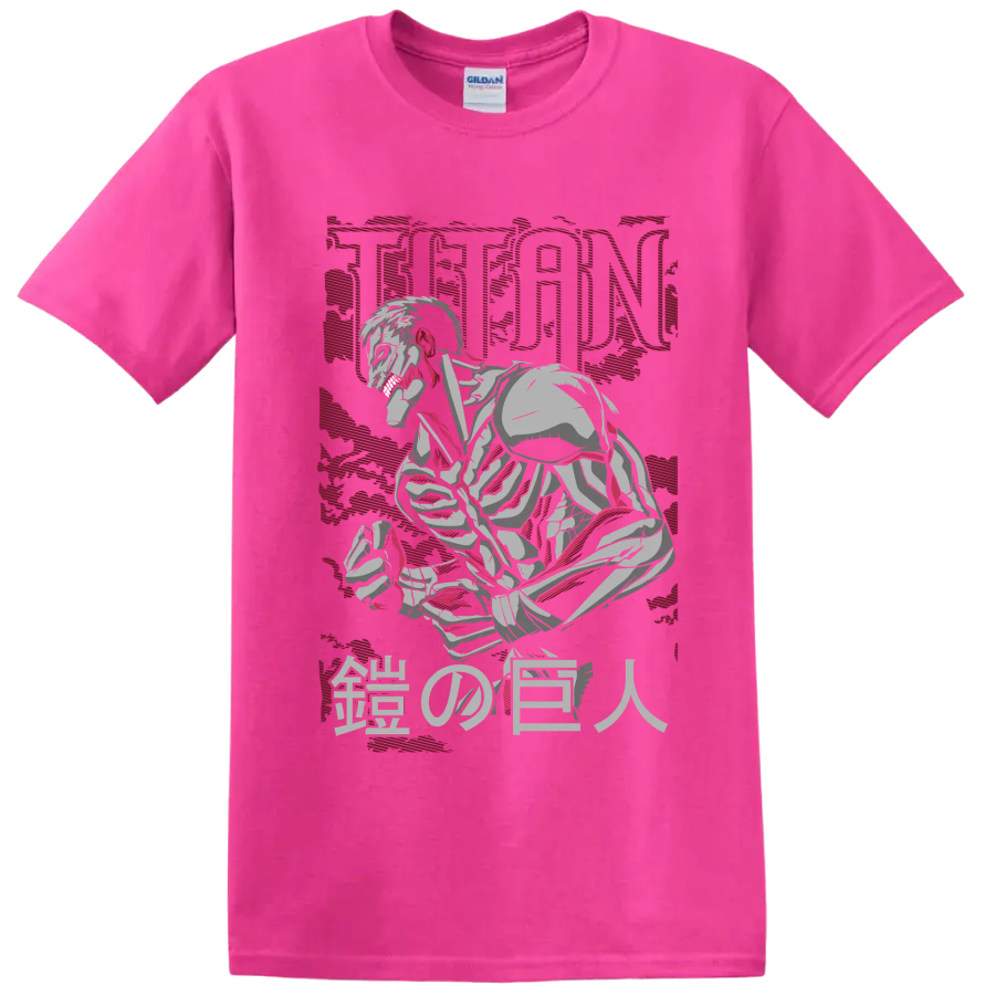 Armored Titan crouching in distressed manga art with TITAN and Japanese characters on a Safety Pink T Shirt