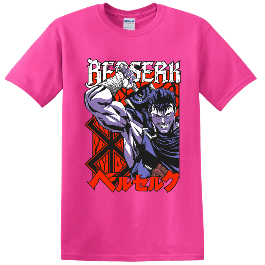 Guts from Berserk wielding a massive sword in bold gothic anime art on a Safety Pink T Shirt