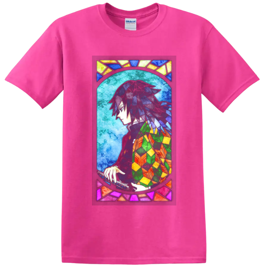 Giyu Tomioka stained-glass-style anime portrait with sword and colorful haori on a Safety Pink T Shirt