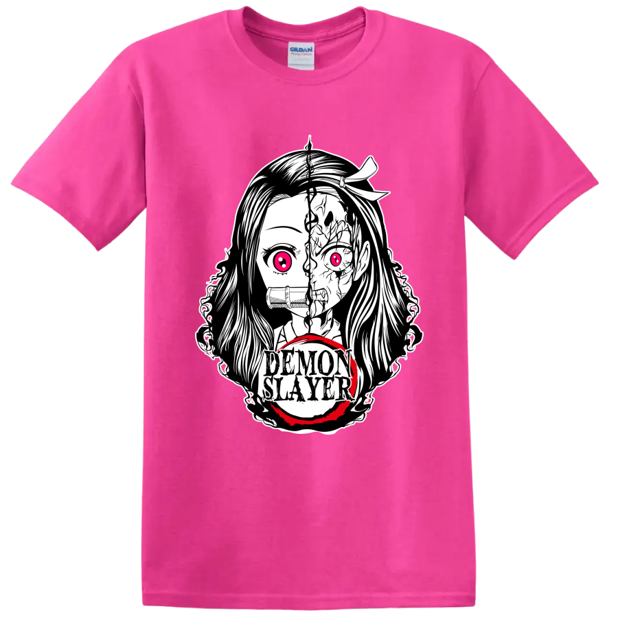 Nezuko Kamado split demon-form manga portrait with bamboo muzzle and Demon Slayer text on a Safety Pink T Shirt