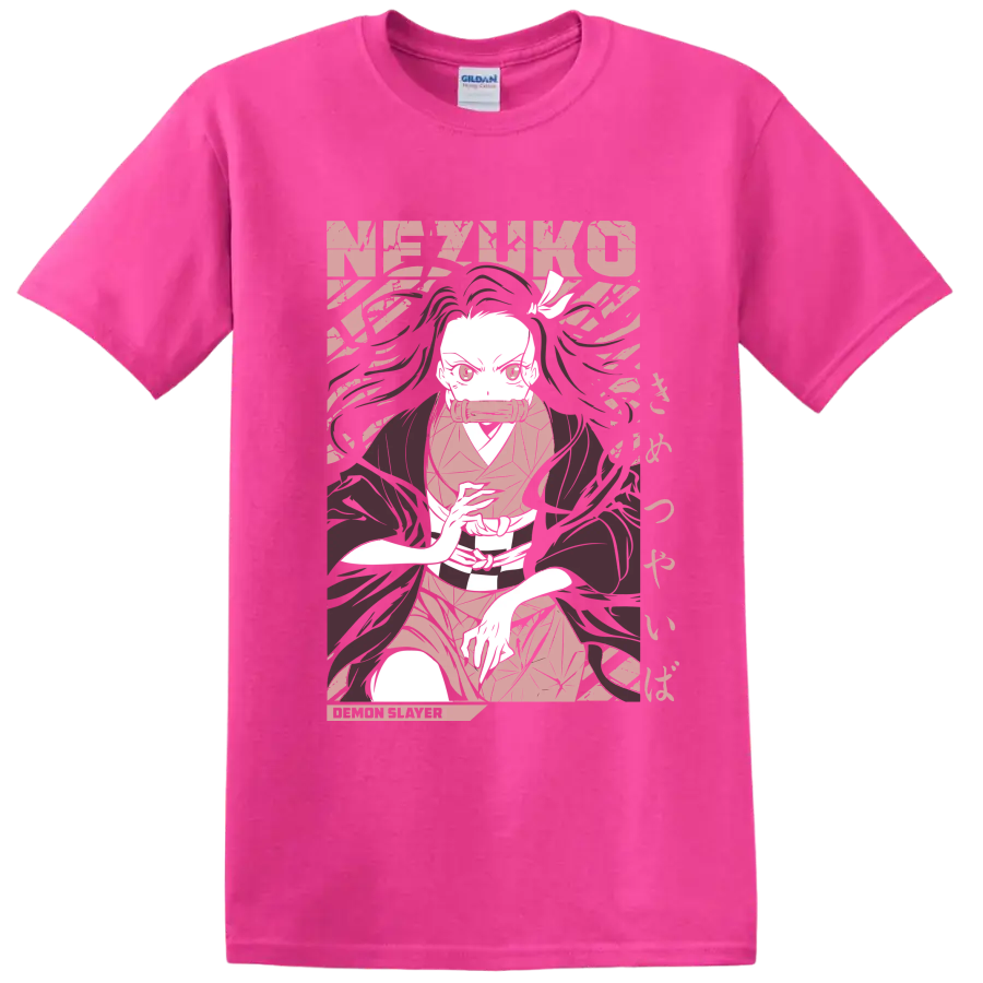 Nezuko Kamado manga-style portrait with flowing hair and bamboo muzzle on a Safety Pink T Shirt
