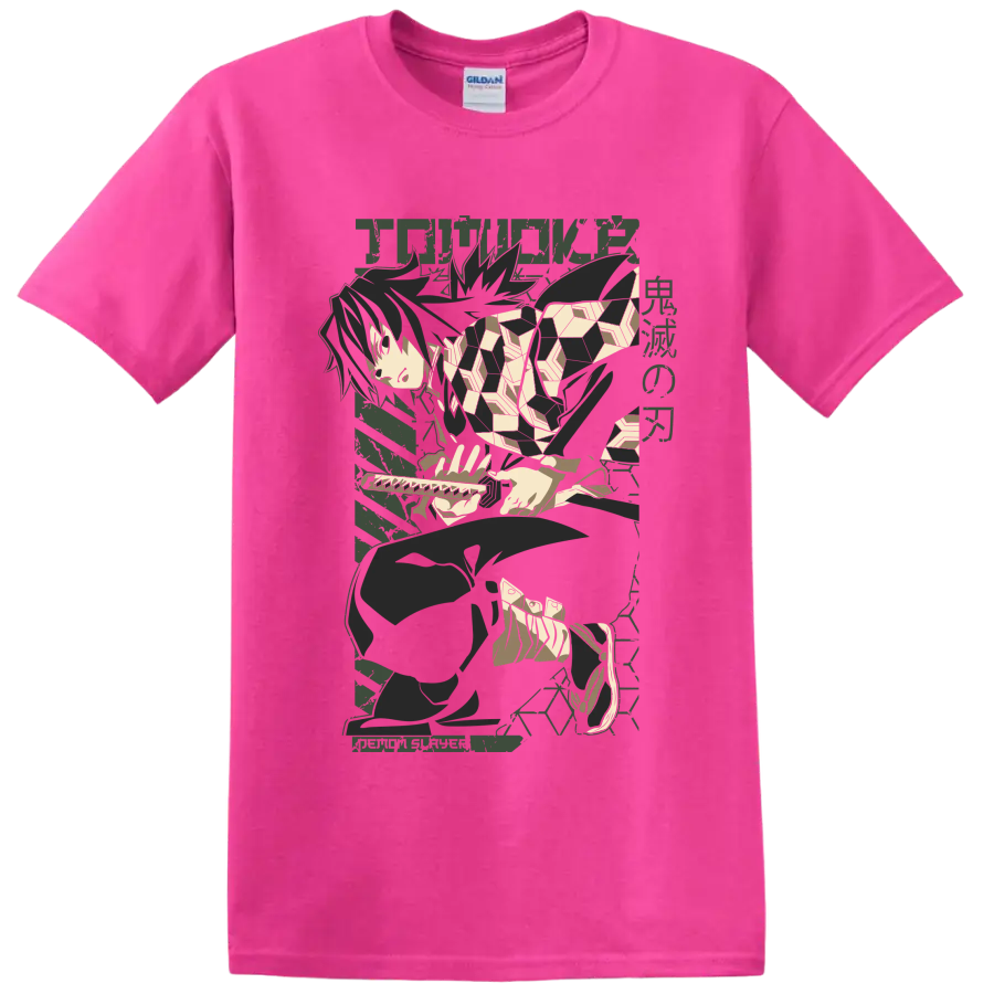 Giyu Tomioka seated with sword in a muted geometric anime graphic on a Safety Pink T Shirt