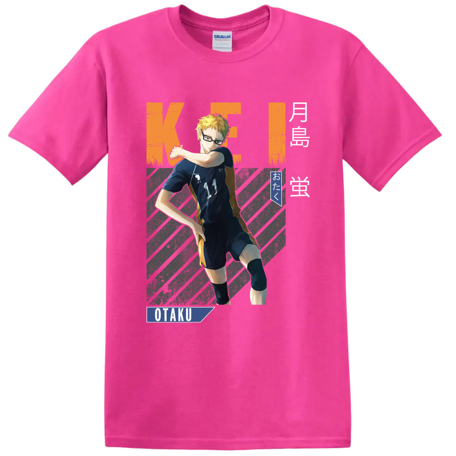 Kei Tsukishima volleyball anime graphic with Karasuno number 11 and OTaku text on a Safety Pink T Shirt