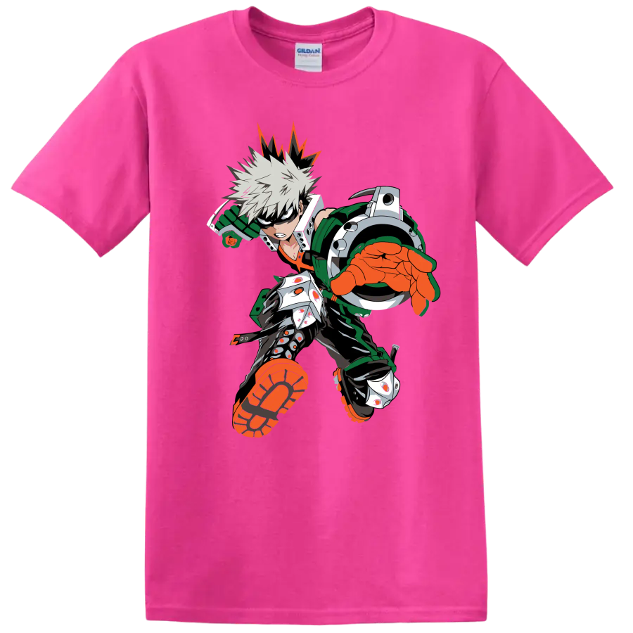Katsuki Bakugo as Dynamight in a bold forward-charging anime action graphic on a Safety Pink T Shirt