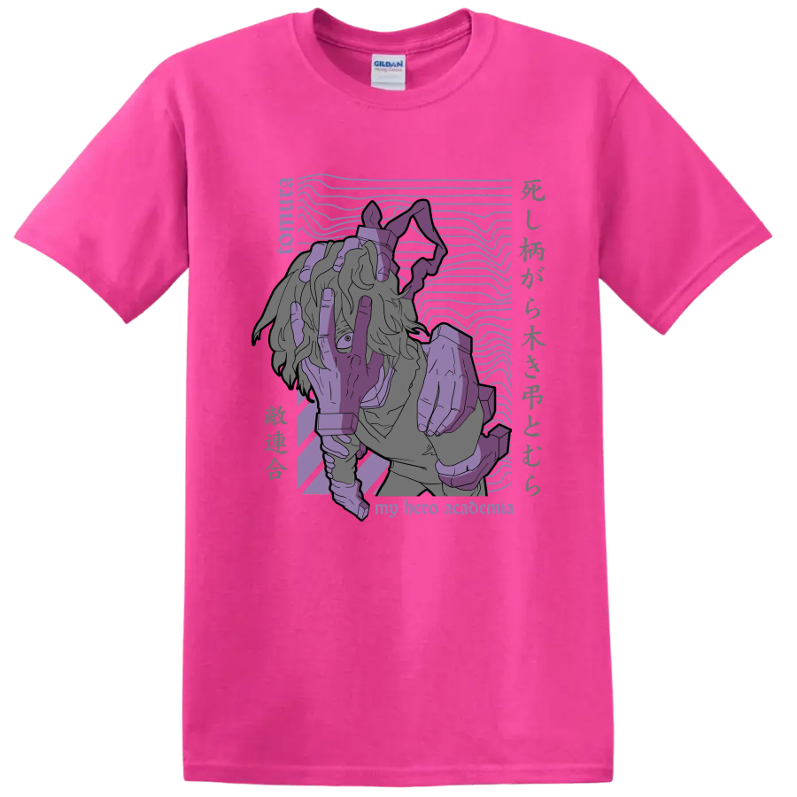 Tomura Shigaraki purple manga-style portrait with signature hand imagery on a Safety Pink T Shirt