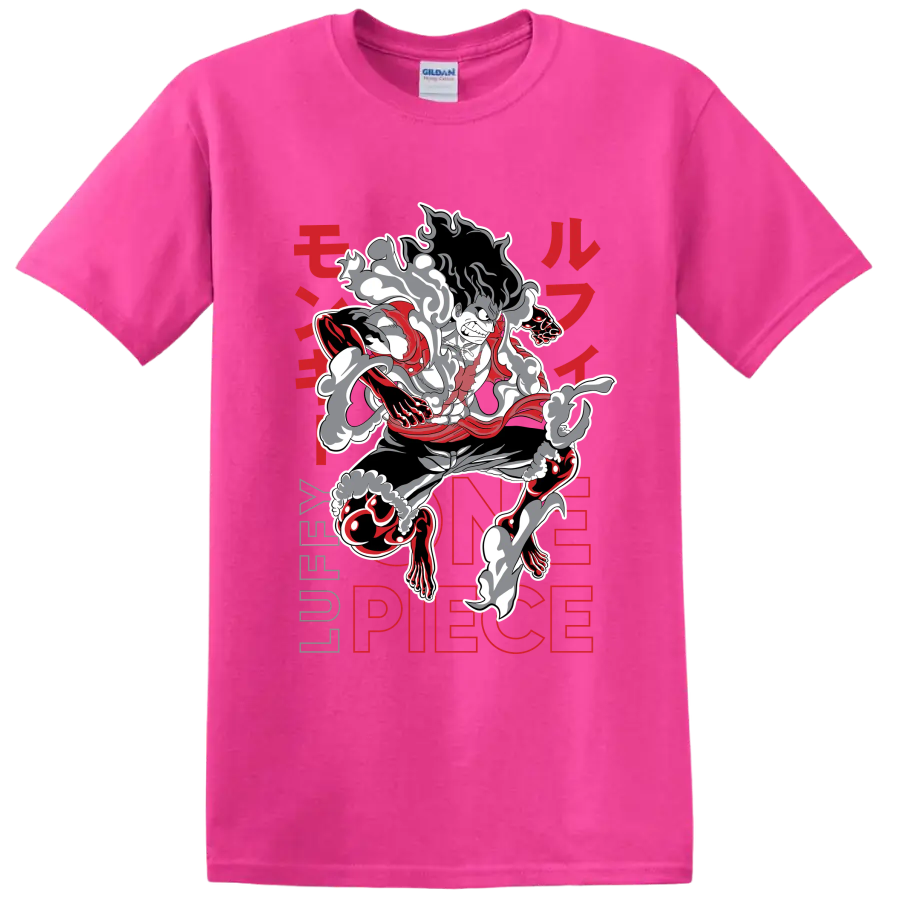 Monkey D. Luffy Gear 4 Snakeman manga-style action graphic with smoke effects on a Safety Pink T Shirt