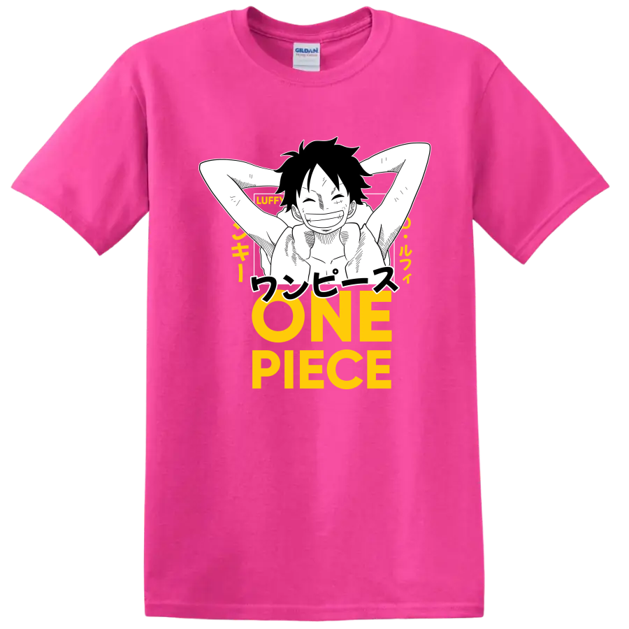 Monkey D. Luffy relaxed manga line art with Japanese text and yellow ONE PIECE lettering on a Safety Pink T Shirt