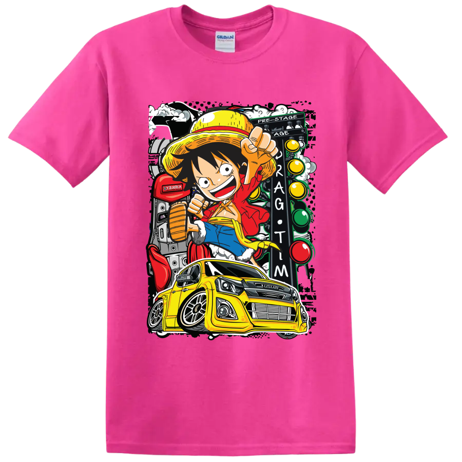 Monkey D. Luffy anime art with yellow Isuzu pickup and Thailook racing scene on a Safety Pink T Shirt