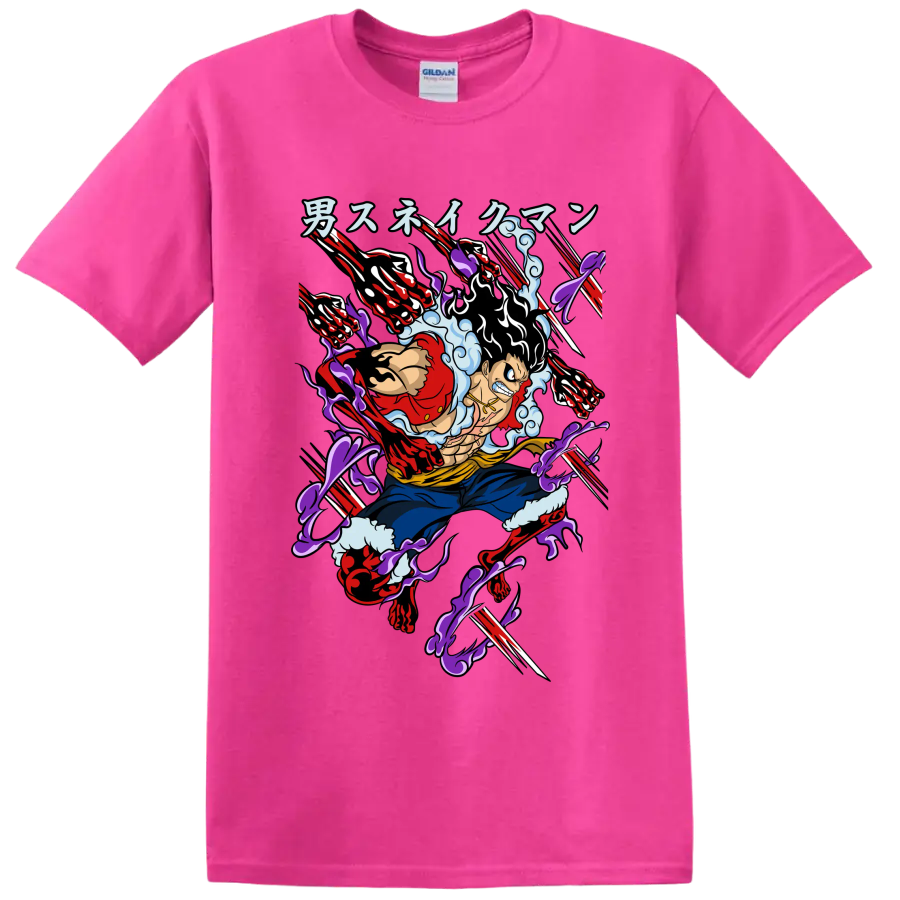 Monkey D. Luffy Gear 4 Snakeman anime-style action graphic with extended arms on a Safety Pink T Shirt