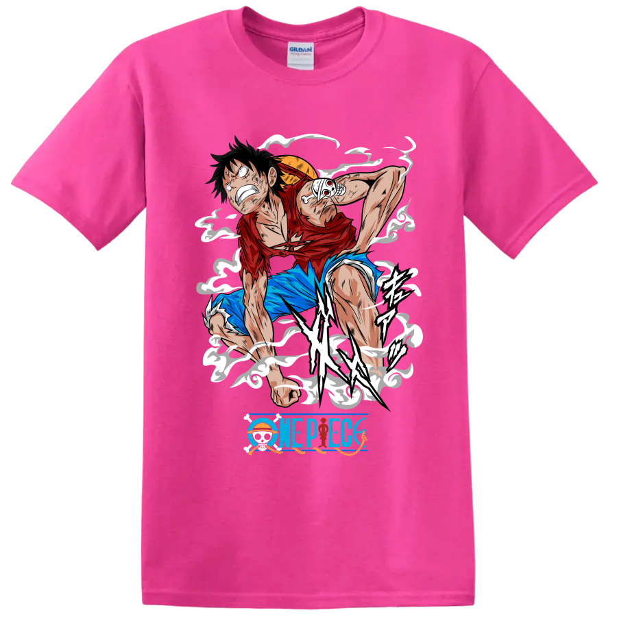 Monkey D. Luffy Gear 2 action graphic with steam effects and One Piece logo on a Safety Pink T Shirt
