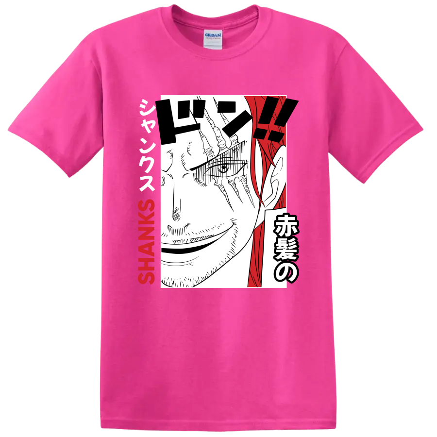Shanks One Piece manga portrait with red hair, Japanese lettering, and SHANKS text on a Safety Pink T Shirt