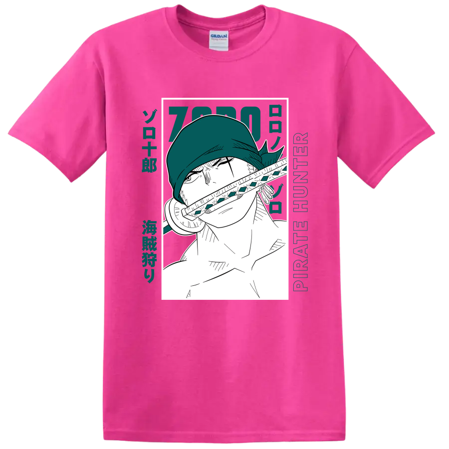 Roronoa Zoro Pirate Hunter manga portrait with sword and teal Japanese-style lettering on a Safety Pink T Shirt