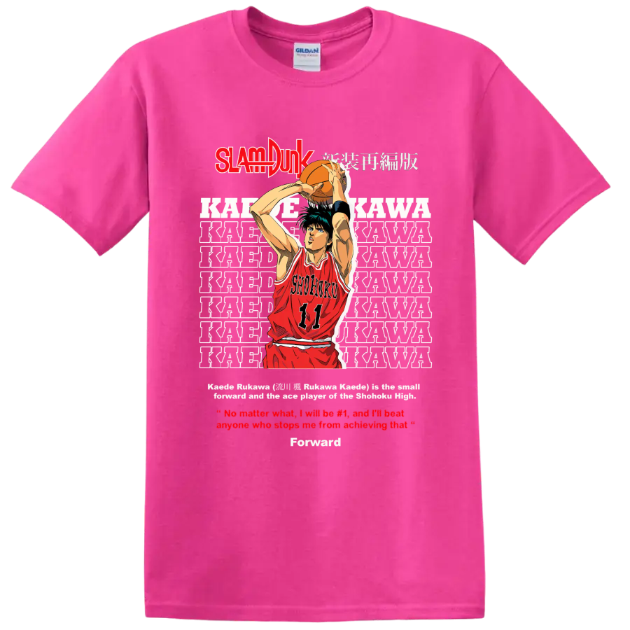 Kaede Rukawa Slam Dunk manga basketball shooter graphic with Shohoku number 11 jersey on a Safety Pink T Shirt
