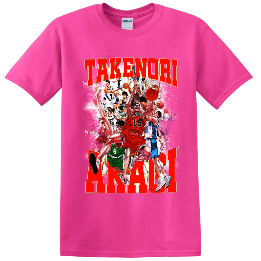 Hanamichi Sakuragi and Shohoku Slam Dunk manga basketball action collage on a Safety Pink T Shirt