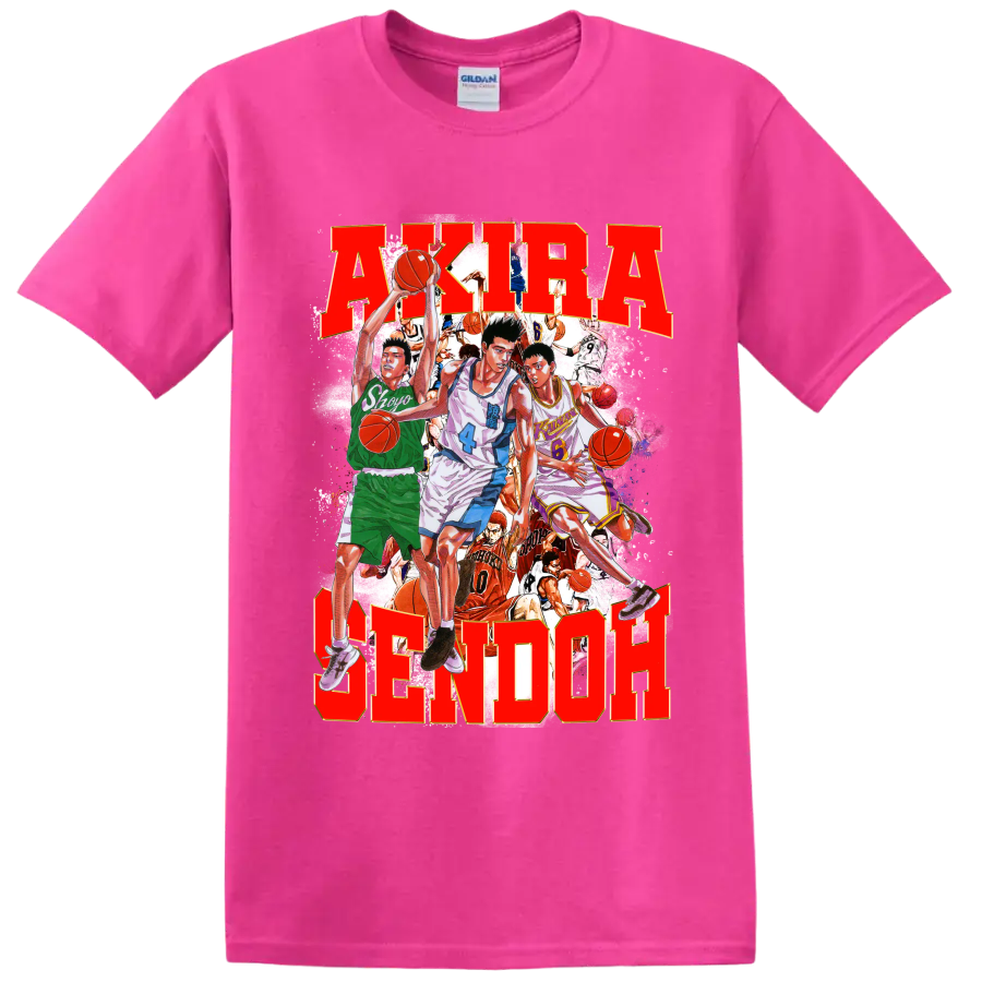 Slam Dunk manga collage with Sendoh, Fujima, Sakuragi and bold AKIRA SENDOH text on a Safety Pink T Shirt