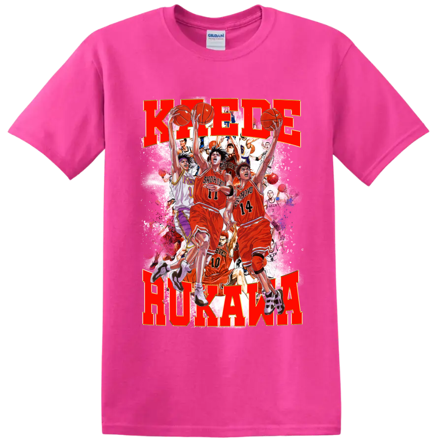 Kaede Rukawa Slam Dunk manga-style Shohoku basketball action collage on a Safety Pink T Shirt