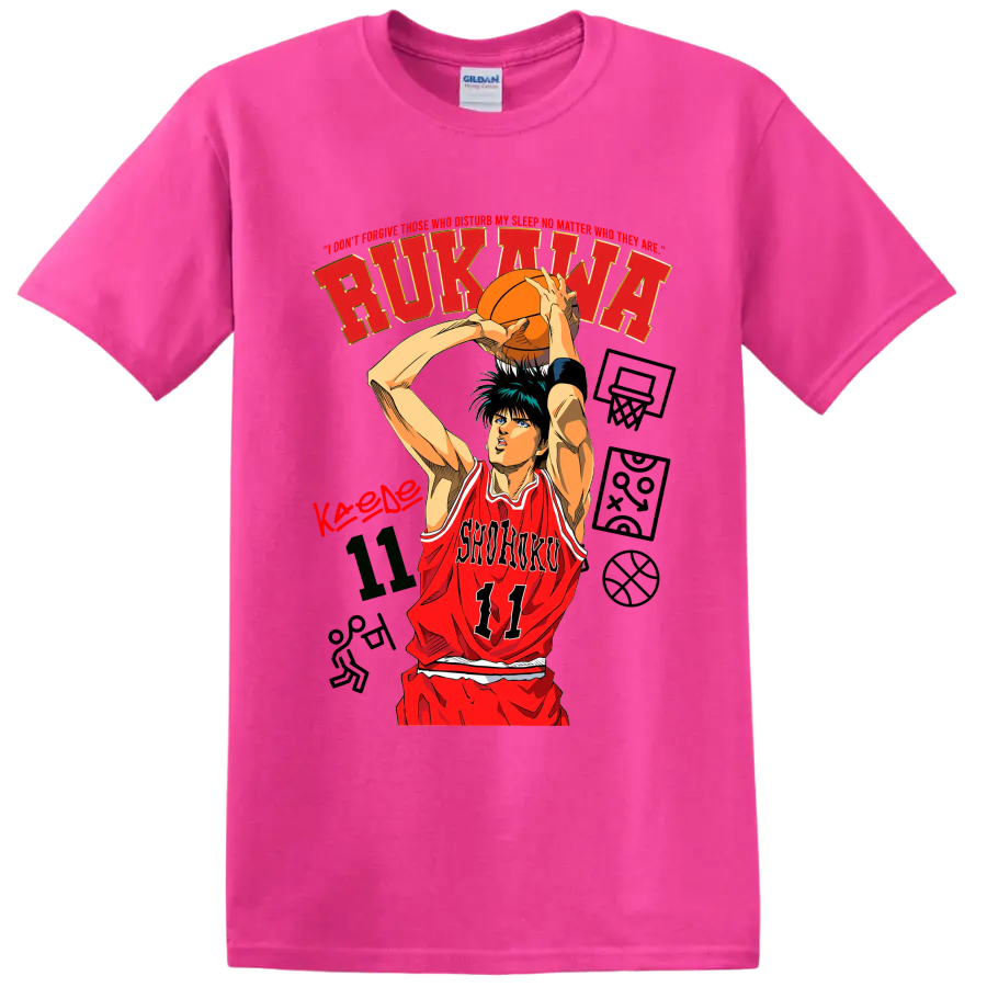 Kaede Rukawa Shohoku 11 manga basketball shooting graphic on a Safety Pink T Shirt