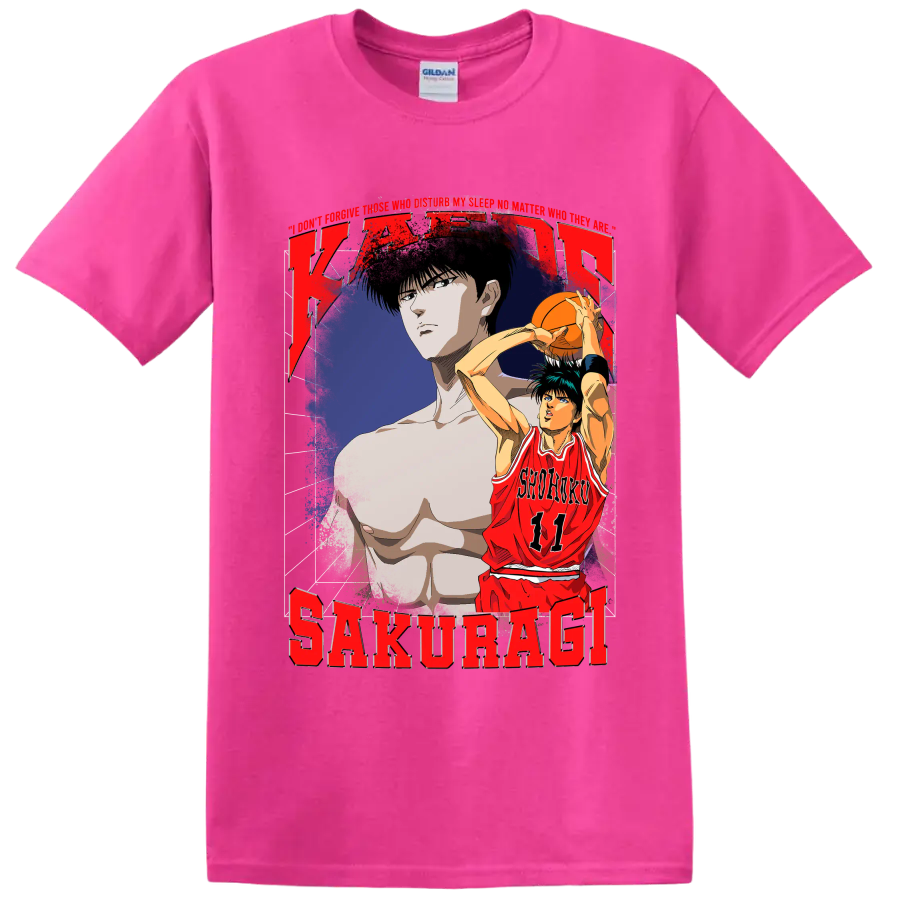 Kaede Rukawa Slam Dunk distressed Shohoku 11 basketball anime graphic on a Safety Pink T Shirt