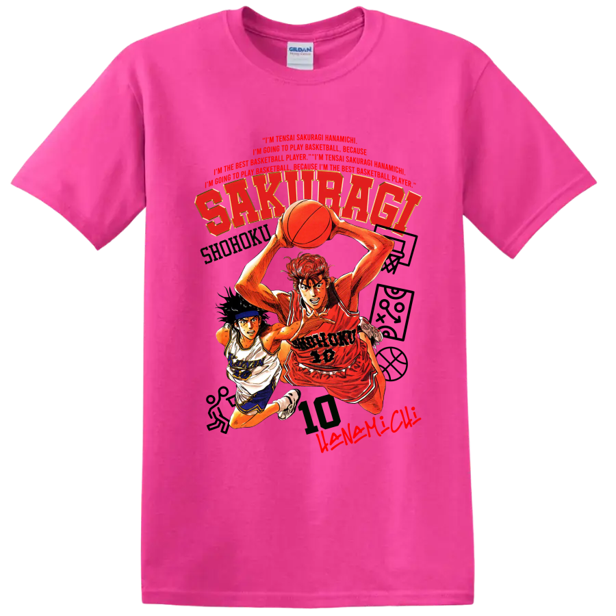 Slam Dunk manga graphic of Hanamichi Sakuragi and Nobunaga Kiyota playing basketball on a Safety Pink T Shirt