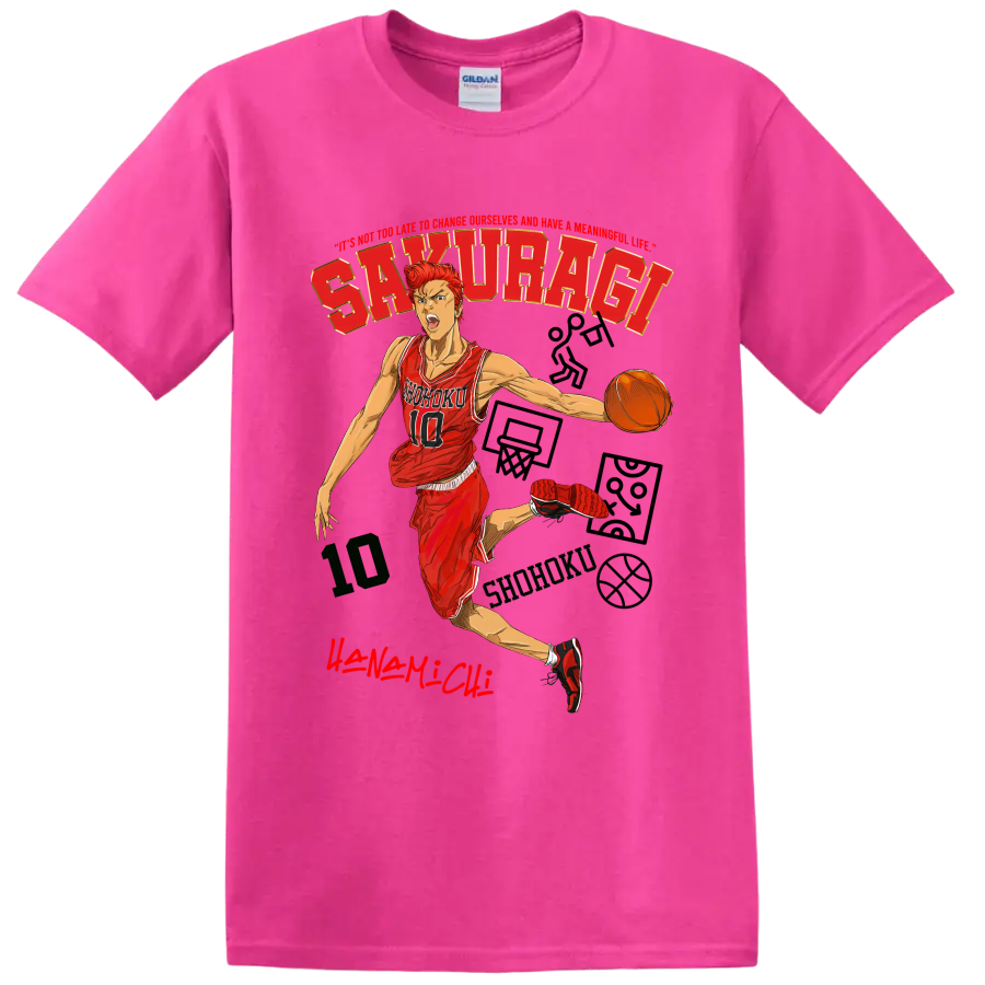 Hanamichi Sakuragi Slam Dunk manga basketball action graphic with Shohoku jersey on a Safety Pink T Shirt