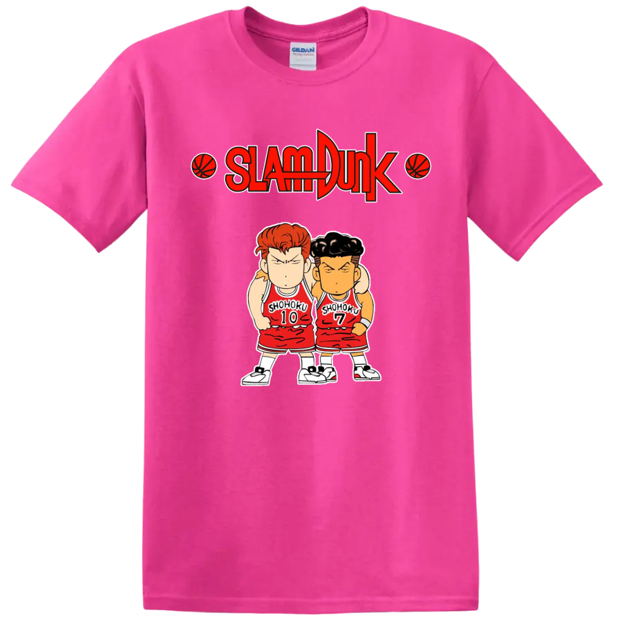 Chibi Hanamichi Sakuragi and Ryota Miyagi in Shohoku uniforms beneath Slam Dunk logo on a Safety Pink T Shirt