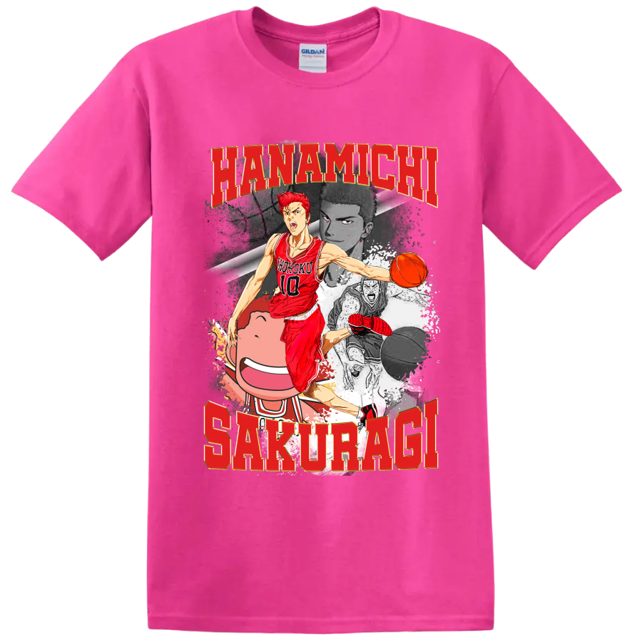 Hanamichi Sakuragi Slam Dunk manga basketball collage with red number 10 player on a Safety Pink T Shirt