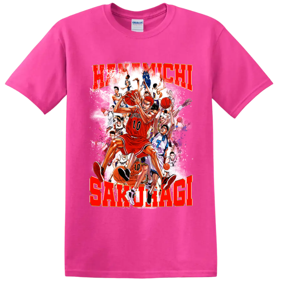 Hanamichi Sakuragi Slam Dunk manga basketball collage with distressed red lettering on a Safety Pink T Shirt