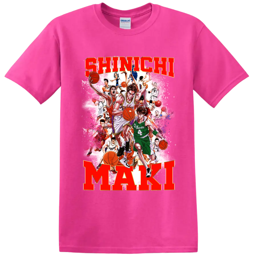 Shinichi Maki Slam Dunk manga basketball collage with bold name lettering on a Safety Pink T Shirt