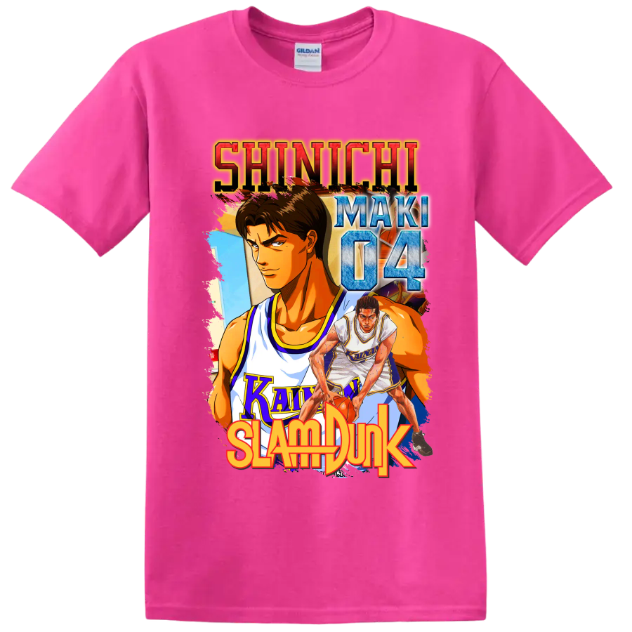 Shinichi Maki Slam Dunk manga-style Kainan basketball graphic with number 04 on a Safety Pink T Shirt