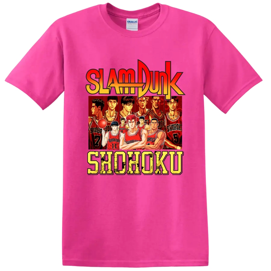 Slam Dunk Shohoku basketball team anime graphic with red jersey player lineup on a Safety Pink T Shirt