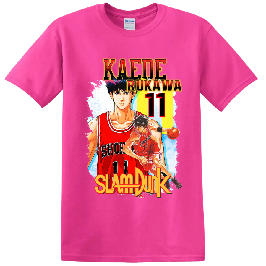 Kaede Rukawa Slam Dunk Shohoku number 11 manga basketball graphic print on a Safety Pink T Shirt