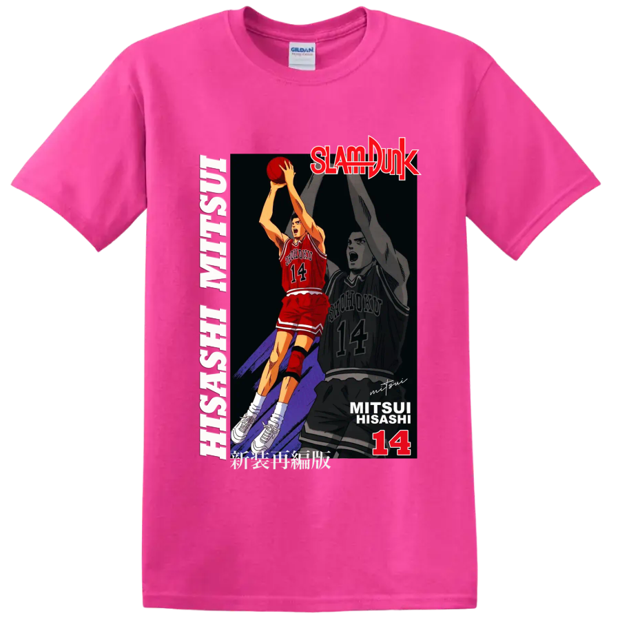 Hisashi Mitsui No. 14 Slam Dunk basketball action manga graphic print on a Safety Pink T Shirt