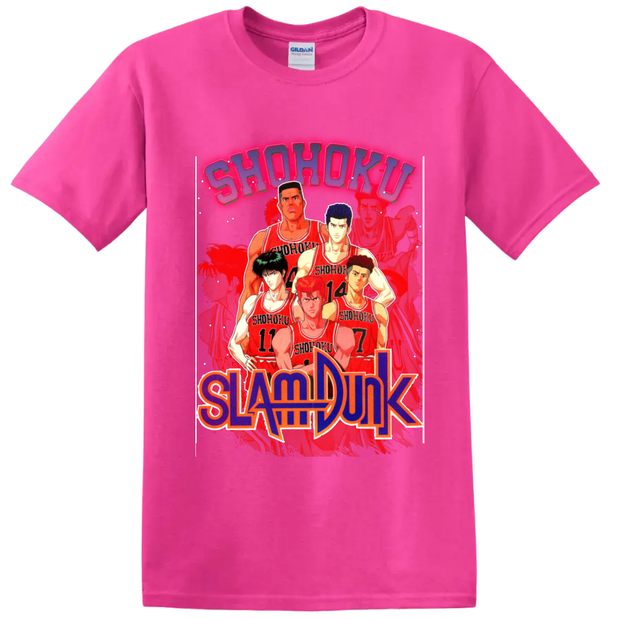 Slam Dunk Shohoku basketball team lineup in red jerseys with bold manga lettering on a Safety Pink T Shirt