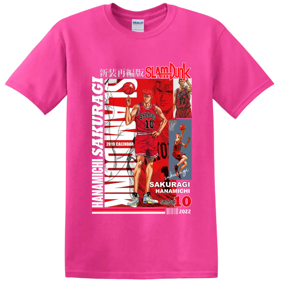 Hanamichi Sakuragi Slam Dunk Shohoku No. 10 manga basketball collage on a Safety Pink T Shirt