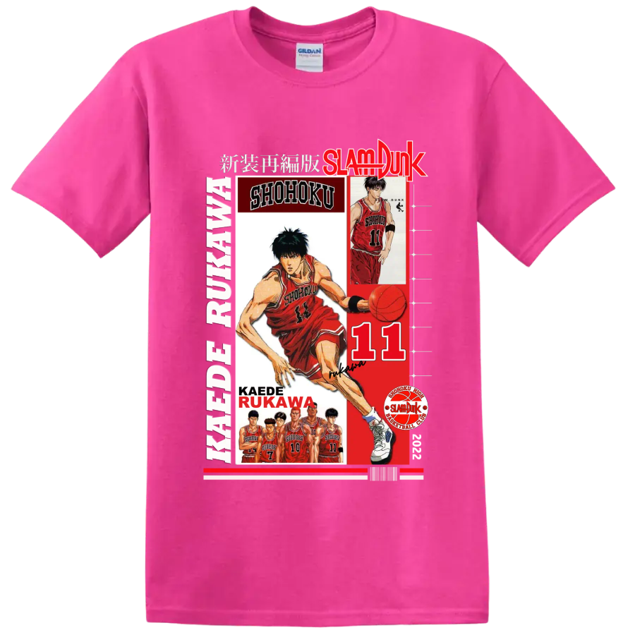 Kaede Rukawa Slam Dunk Shohoku basketball collage with number 11 and player portraits on a Safety Pink T Shirt