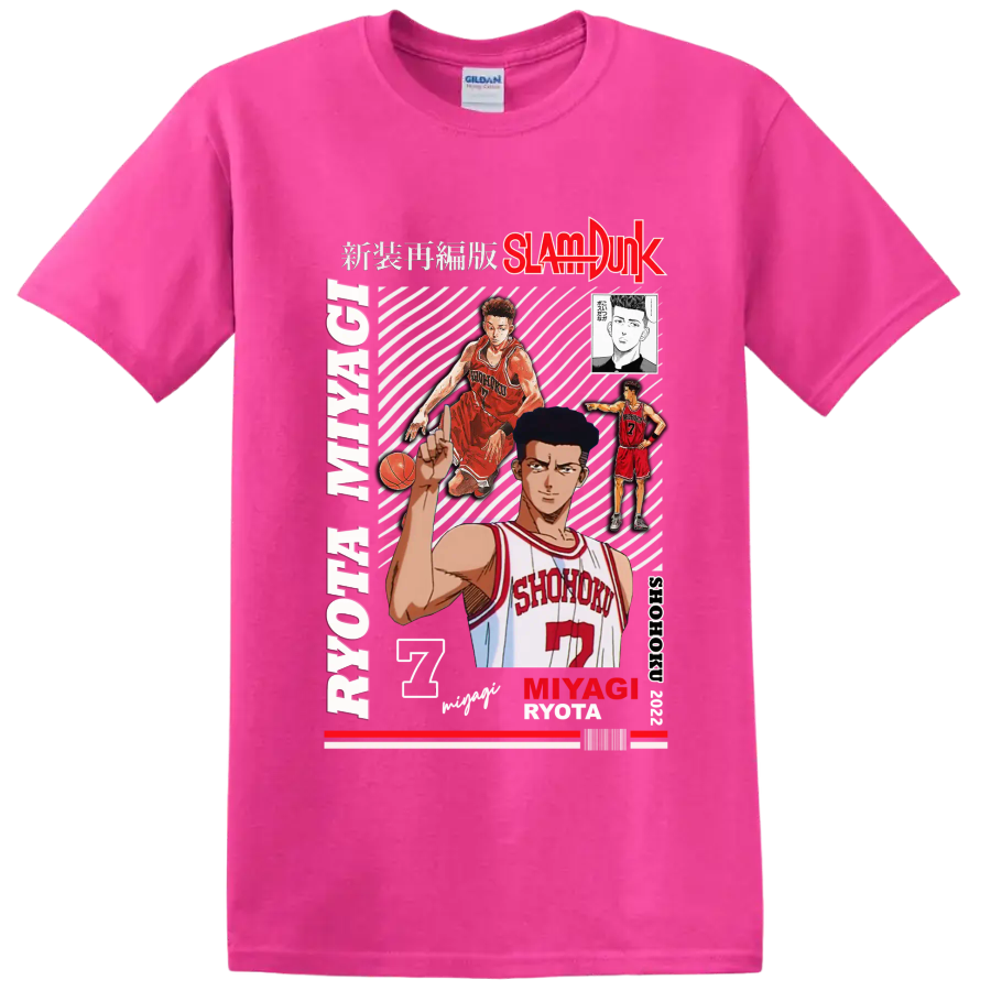 Ryota Miyagi Slam Dunk manga collage with Shohoku number 7 basketball artwork on a Safety Pink T Shirt