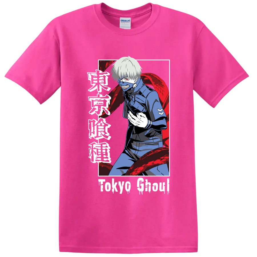 Ken Kaneki masked anime portrait with red kagune in dark Tokyo Ghoul manga style on a Safety Pink T Shirt