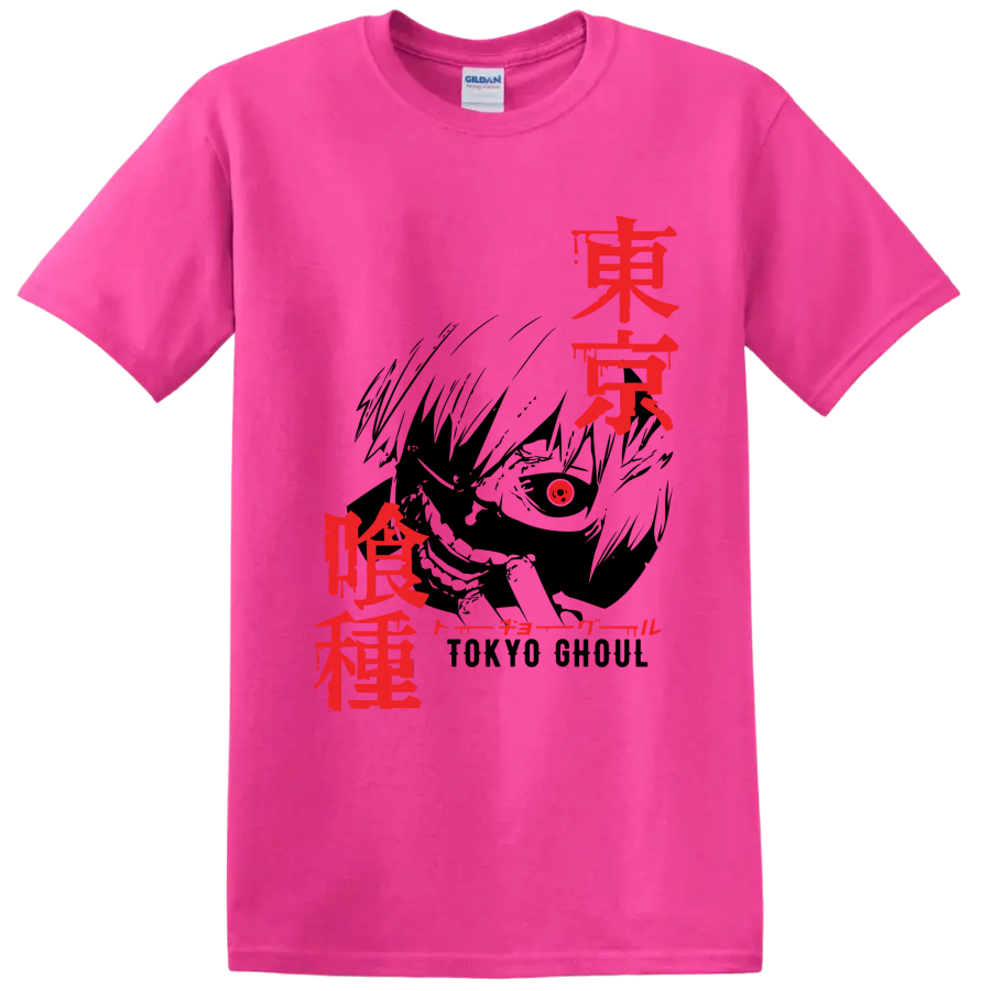 Ken Kaneki Tokyo Ghoul red Japanese title-style graphic print on a Safety Pink T Shirt